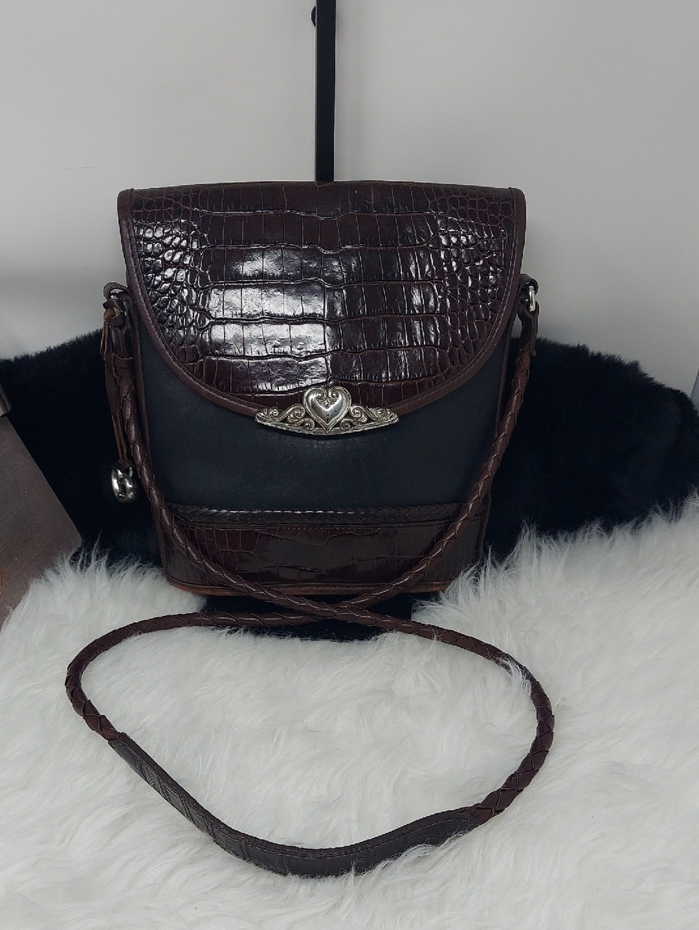 Vintage Brighton Brown Croc-Embossed Crossbody with Heart Accent